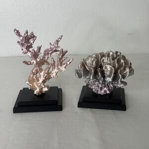 Faux Coral Sculptures Set 2 Pink Silver On Black Stands Coastal Decor Beach